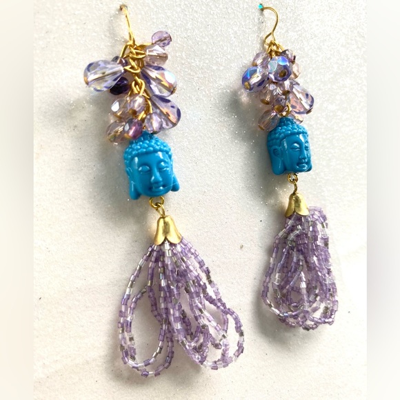Buddha turquoise Mystical sparkle purple beaded loop vintage earring meditation - Picture 1 of 4